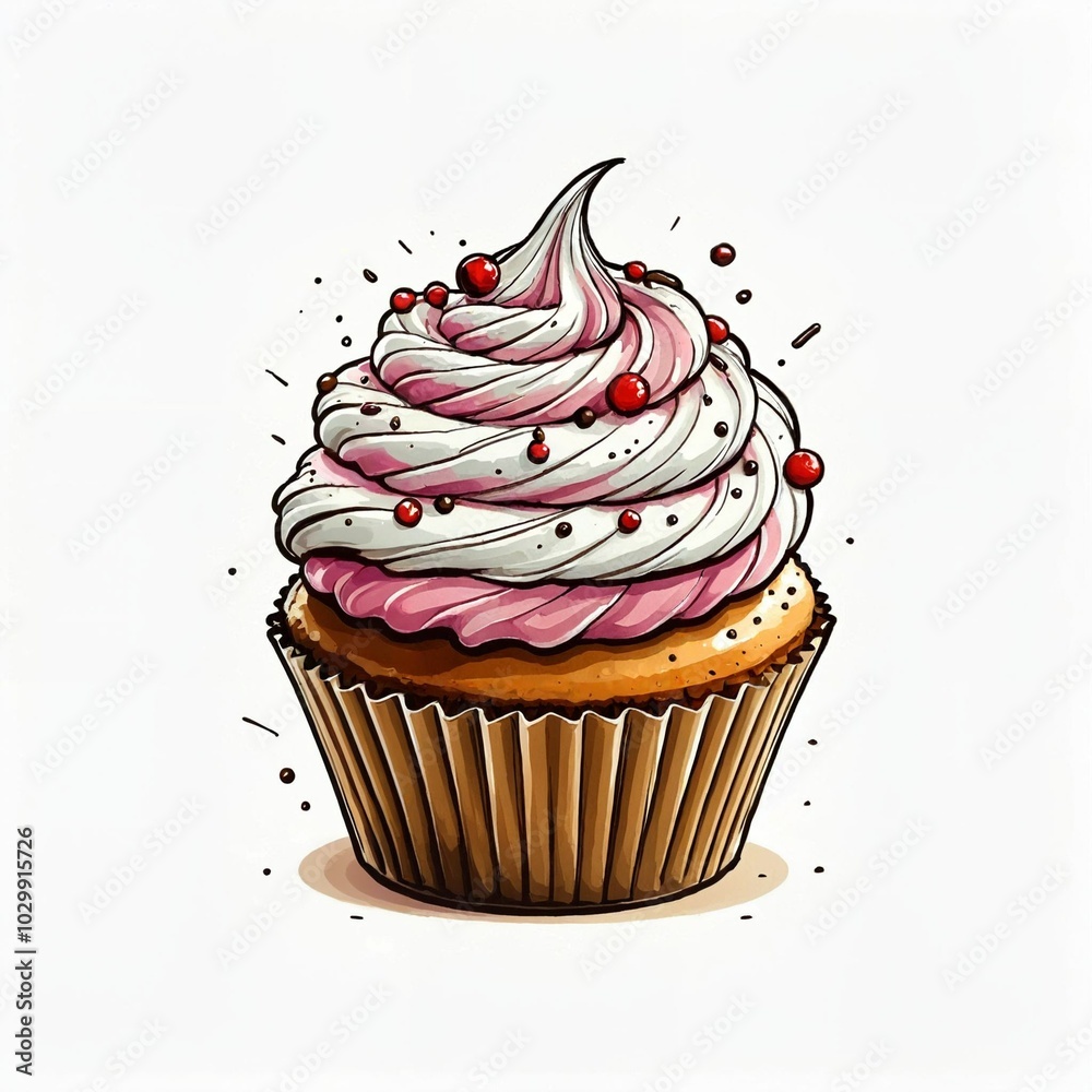 Illustration of a delicious cupcake with swirled pink and white frosting topped with red sprinkles Illustration of a delicious cupcake with swirled pink and white frosting topped with red sprinkles
