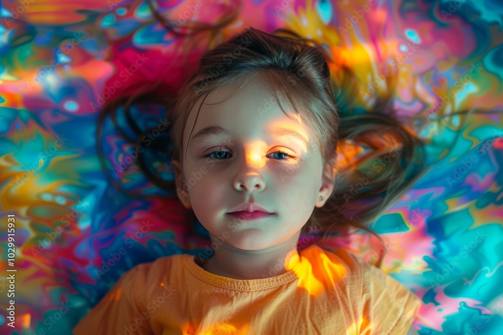 Obraz premium Young kid on a vibrant background, the face illuminated by colorful light reflections. Rainbow-like colors create dreamlike, surreal atmosphere, perfect for creative artistic projects.