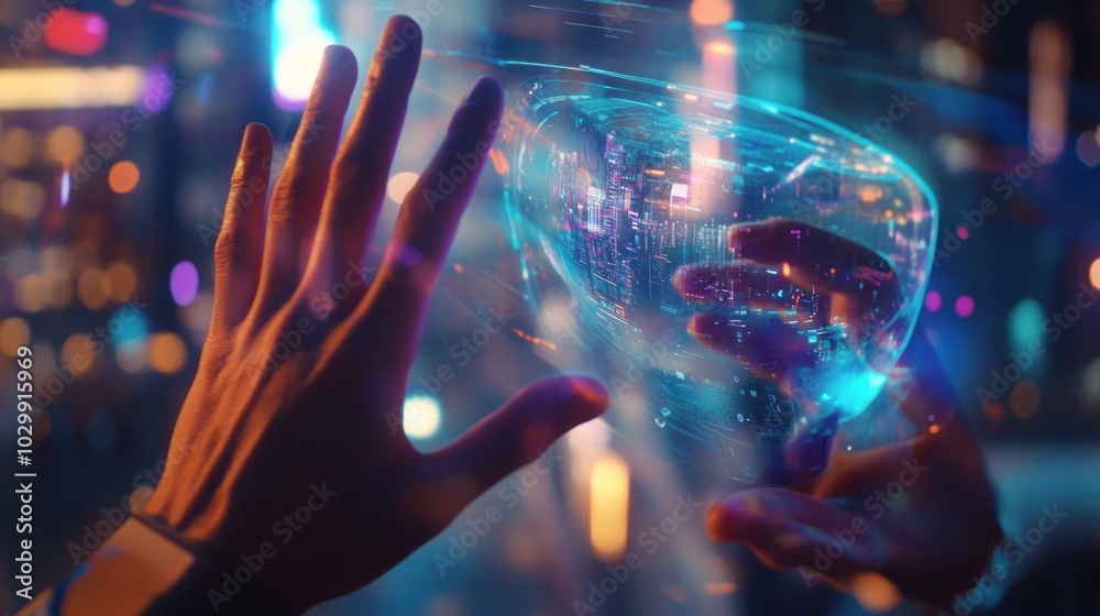 A pair of hands interact with a translucent, glowing sphere against a backdrop of a cityscape at night. A pair of hands interact with a translucent, glowing sphere against a backdrop of a cityscape at night.