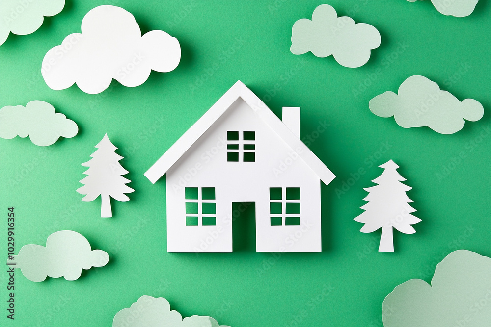 paper cut white house There are trees and clouds on a green background. paper cut white house There are trees and clouds on a green background.
