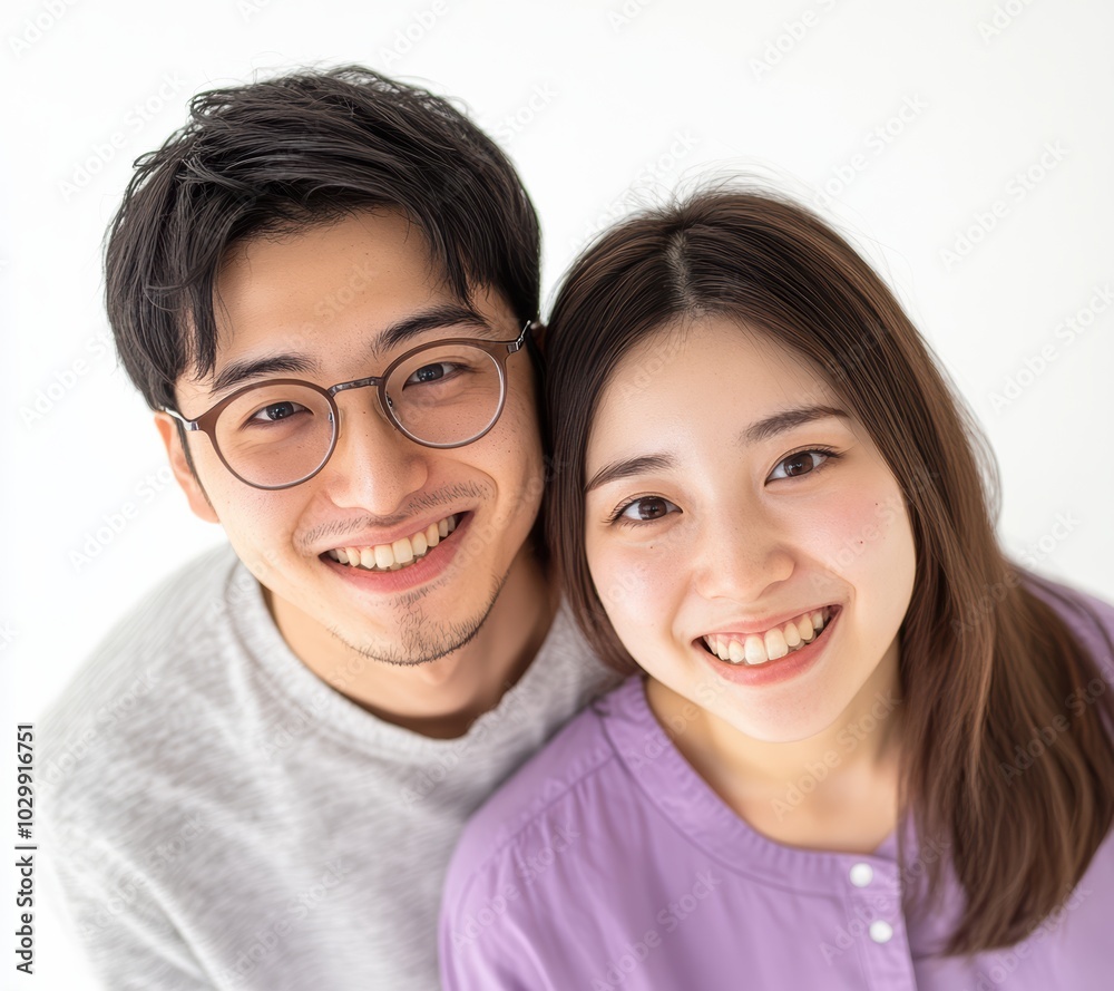 a couple dressed in matching purple on a white background with above view shot. Their posture symbolize unity, harmony, making it a heartwarming depiction of a lasting relationship.