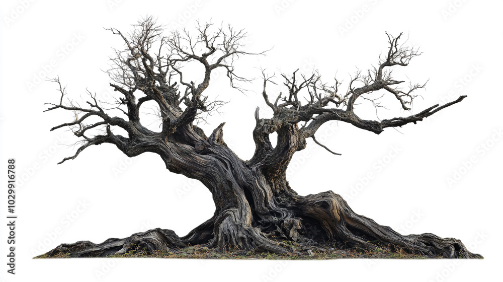 Ancient twisted tree with gnarled branches standing alone in a bright, open landscape Ancient twisted tree with gnarled branches standing alone in a bright, open landscape