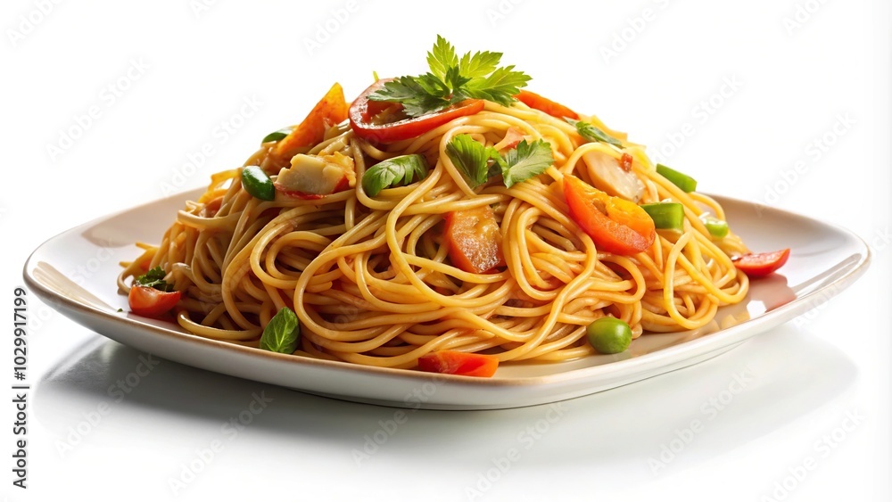 spaghetti chow Mein in plate on white background spaghetti chow Mein in plate on white background