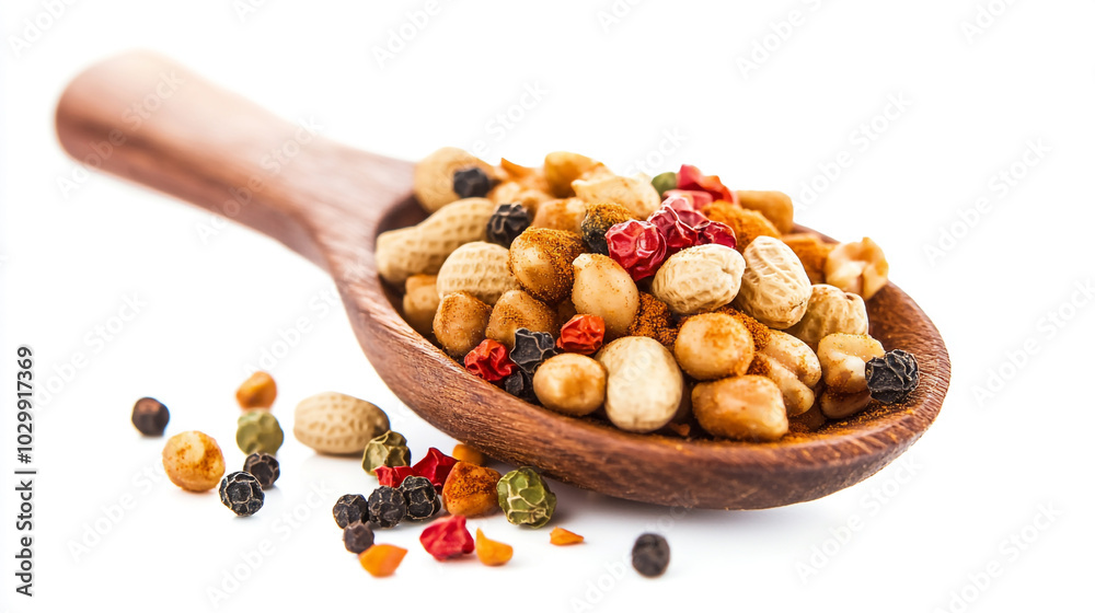 A wooden spoon filled with mixed seasoned peanuts and spices on a white background A wooden spoon filled with mixed seasoned peanuts and spices on a white background