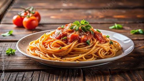 Spaghetti with Amatriciana sauce in dish on wooden table with shallow depth of field