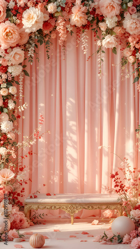 A wedding ceremony backdrop featuring a pink floral archway draped over sheer pink curtains, with a decorative gold bench and scattered rose petals on the floor.