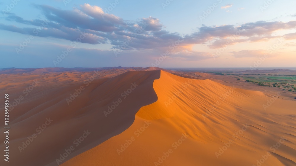 Naklejka premium Golden Sand Dunes with a Ridge and Sky at Sunset
