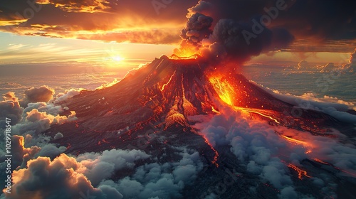 Volcanic Eruption at Sunset: A Fiery Mountain Landscape