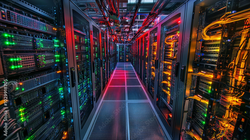 Illuminated data center hallway showcasing network servers with vibrant LED lights