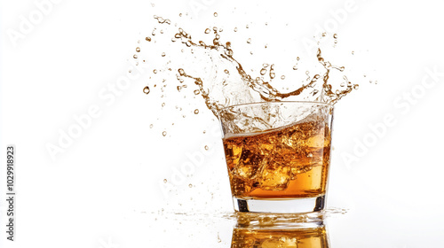 A refreshing splash of drink in a glass against a white backdrop in bright lighting