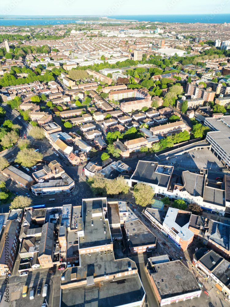 Naklejka premium High Angle View of Portsmouth City Centre Located at Beach and Docks of England United Kingdom. Image Was Captured with Drone's Camera on May 15th, 2024.