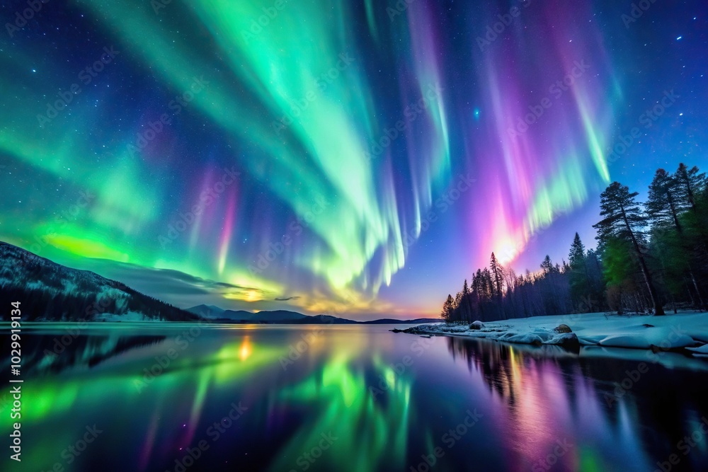 Spectacular northern lights gradient from emerald to indigo in a tilted angle Spectacular northern lights gradient from emerald to indigo in a tilted angle