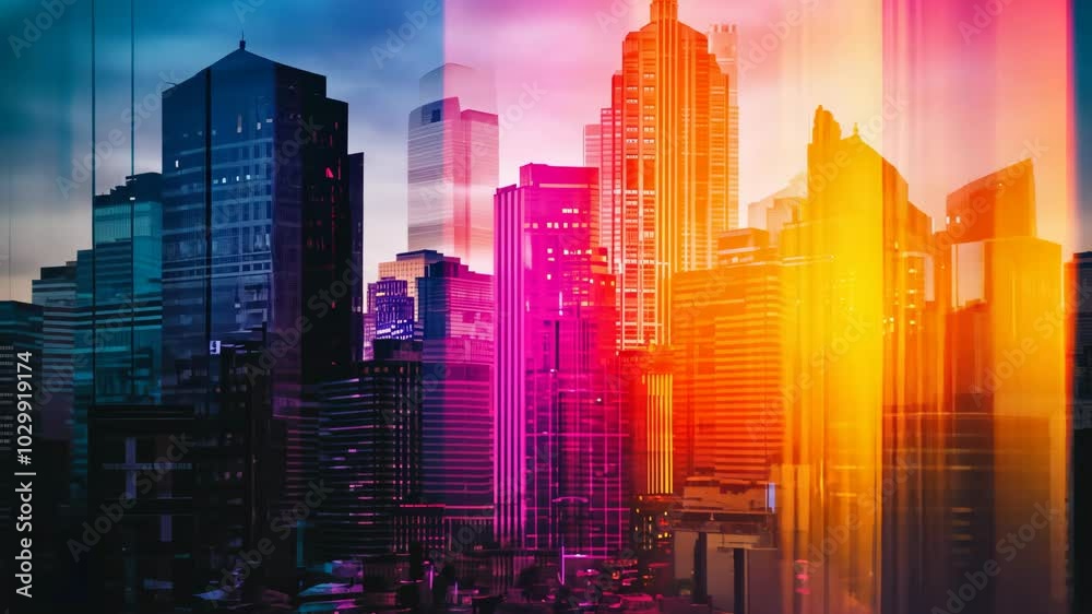 A vibrant cityscape illuminated by colorful lights at sunset