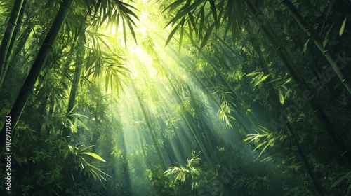 Sunbeams Piercing Through a Lush Bamboo Forest