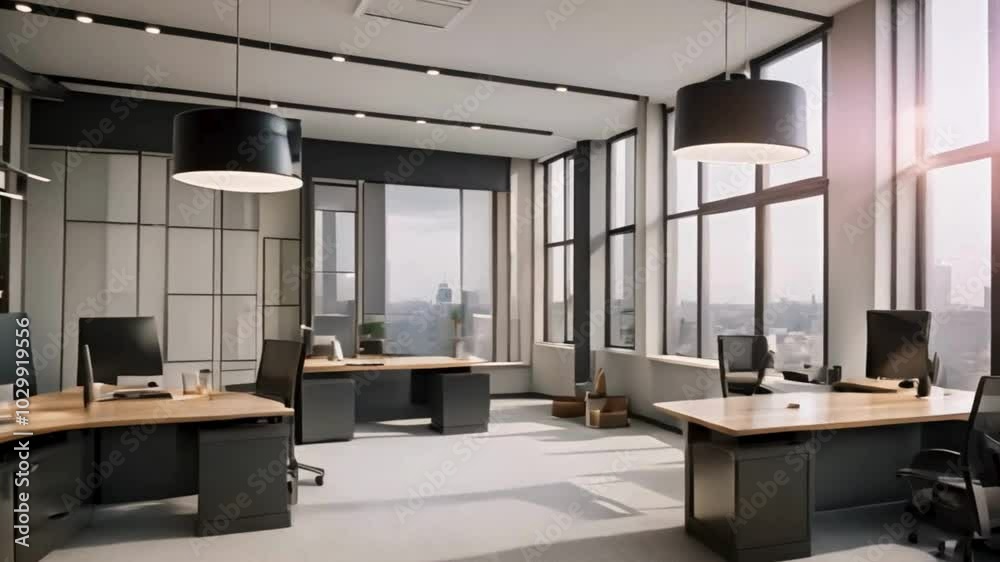 Modern Office Interior with Desks, Plants, and a View of a City Modern Office Interior with Desks, Plants, and a View of a City