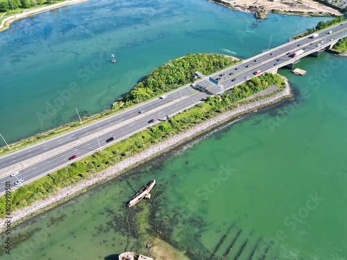 High Angle View of Portsmouth City Centre Located at Beach and Docks of England United Kingdom. Image Was Captured with Drone's Camera on May 15th, 2024. photo