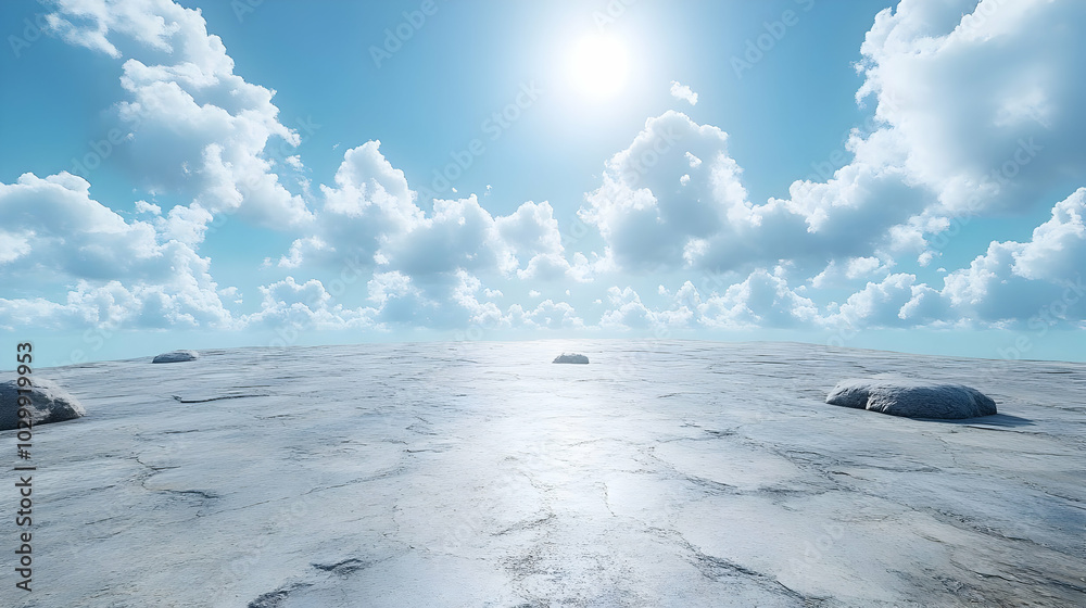3D Rendered Landscape with White Rocks and Blue Sky Clouds Illustration 3D Rendered Landscape with White Rocks and Blue Sky Clouds Illustration