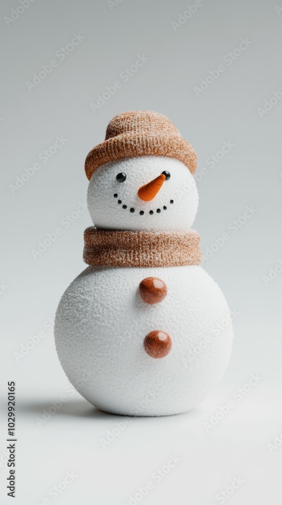Simple snowman standing on a smooth white background, with faint snowy mounds around Simple snowman standing on a smooth white background, with faint snowy mounds around