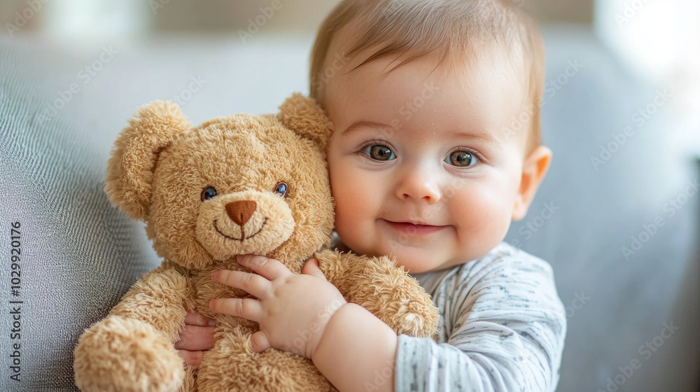 A cute baby holding a soft plush toy. A cute baby holding a soft plush toy.