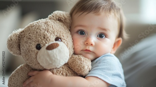 A cute baby holding a soft plush toy.