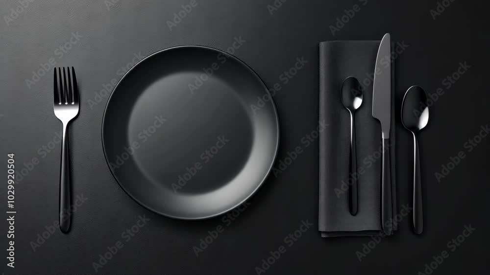 A black plate, fork, knife, and two spoons are laid out on a black surface, ready for a simple meal A black plate, fork, knife, and two spoons are laid out on a black surface, ready for a simple meal
