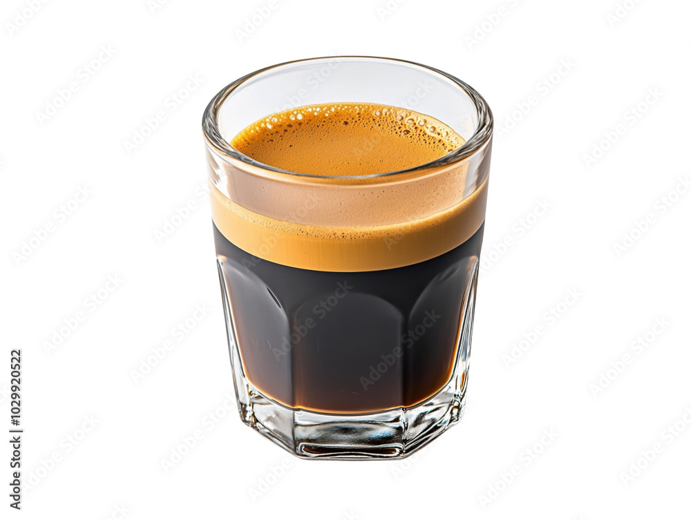 Rich and creamy espresso served in clear glass, showcasing its dark layers and frothy top, perfect for coffee lovers. 