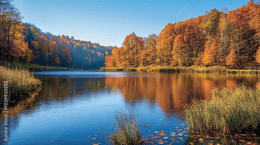 Obraz premium Autumn Reflections in a Tranquil Lake Landscape