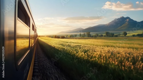 A train travels through a field of tall grass at sunrise with mountains in the background.