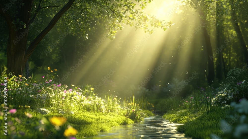 Sunbeams Through Forest Stream With Flowers