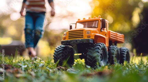 A large toy truck being pushed along by a child outdoors.