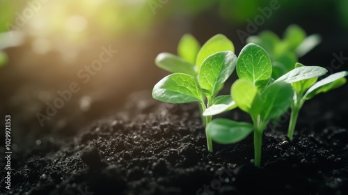 Closeup of Green Seedlings Growing in Soil