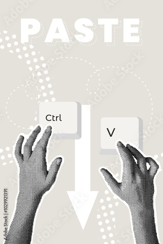 Fashionable halftone collage. CTRL V key combination. Paste from cloud. Keyboard, computer, keyboard shortcut, keyboard shortcut, laptop, input device, hotkeys.