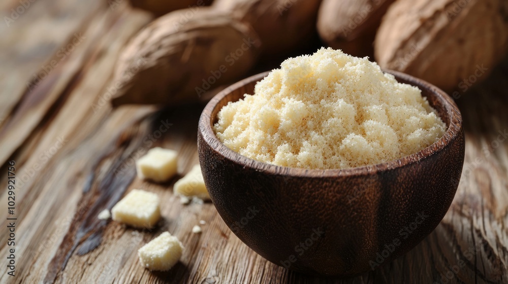 Close-up of shea butter in a wooden bowl on a rustic surface with scattered nuts in the background Close-up of shea butter in a wooden bowl on a rustic surface with scattered nuts in the background