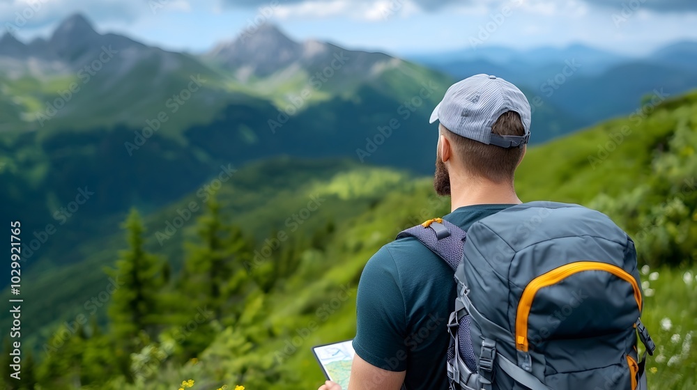 Futuristic hikers wearing layered clothing and using digital trail maps exploring a scenic national park landscape with majestic mountain views Futuristic hikers wearing layered clothing and using digital trail maps exploring a scenic national park landscape with majestic mountain views