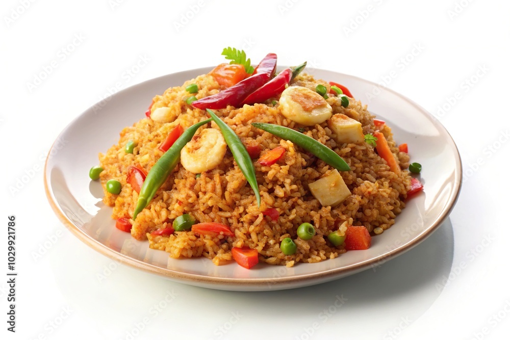 Spicy nasi goreng on white plate isolated Spicy nasi goreng on white plate isolated