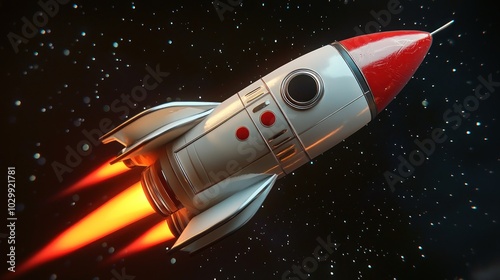 A space-themed toy rocket with realistic details.