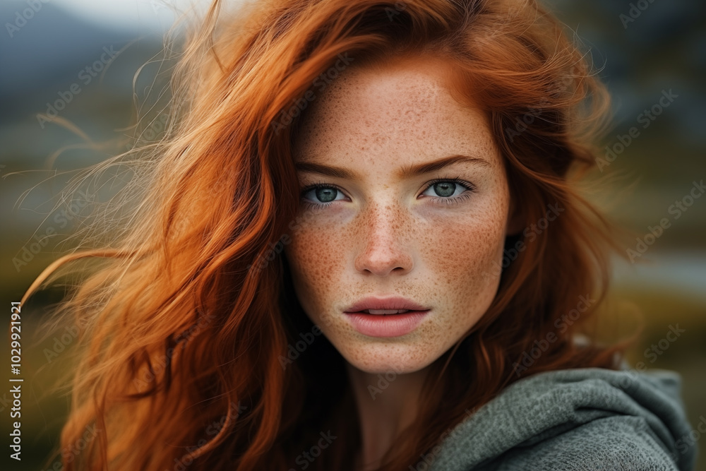 Close-up photo of a girl with green eyes and freckles on her face in the mountains Close-up photo of a girl with green eyes and freckles on her face in the mountains