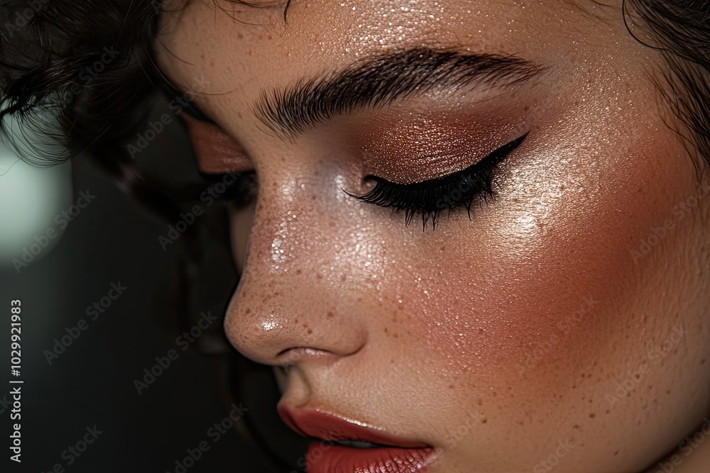 Close-up of a Woman's Face with Shimmering Skin and Makeup