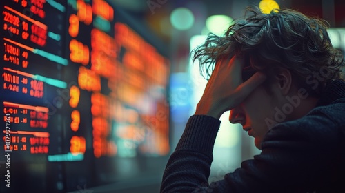 Stressed man looking at stock market data on glowing digital screens in a dark office