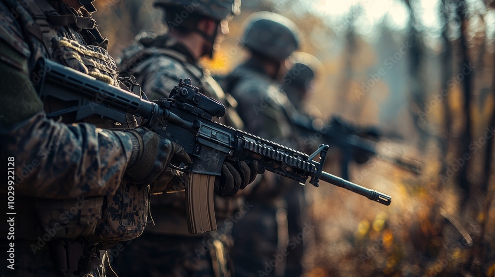 Military soldiers holding rifles in a tactical position during a mission in a forest environment Military soldiers holding rifles in a tactical position during a mission in a forest environment