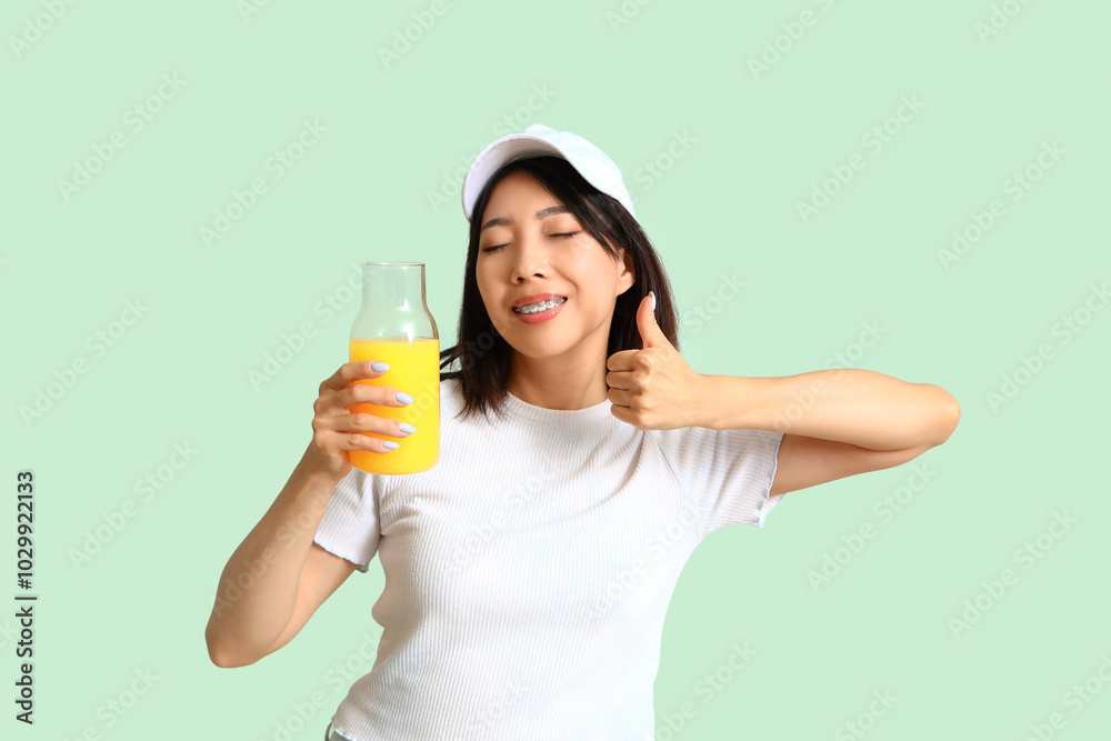 Beautiful Asian woman with glass of juice showing thumb-up on green background Beautiful Asian woman with glass of juice showing thumb-up on green background