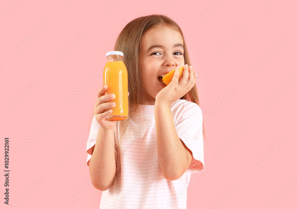 Cute little girl with bottle of juice eating orange on color background Cute little girl with bottle of juice eating orange on color background