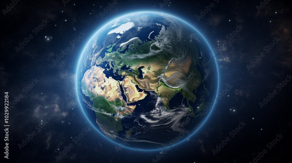 Fototapeta premium Planet Earth with detailed relief and atmosphere. Blue space background with earth and galaxy.