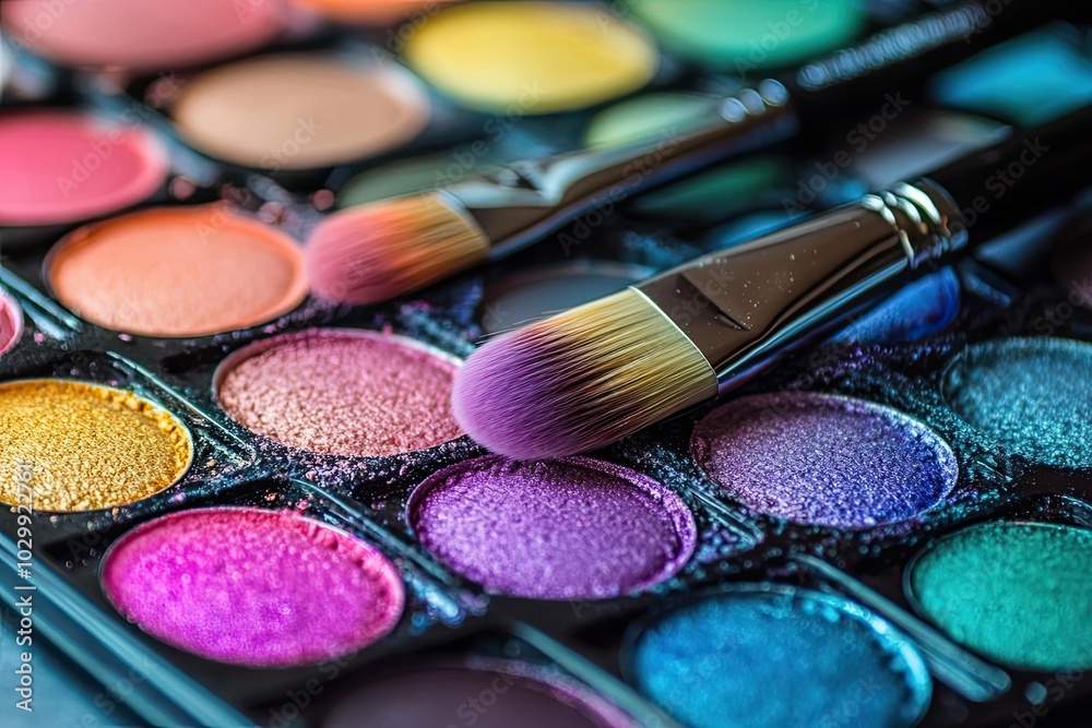 Makeup Brushes Resting on a Palette of Colorful Eyeshadows Makeup Brushes Resting on a Palette of Colorful Eyeshadows