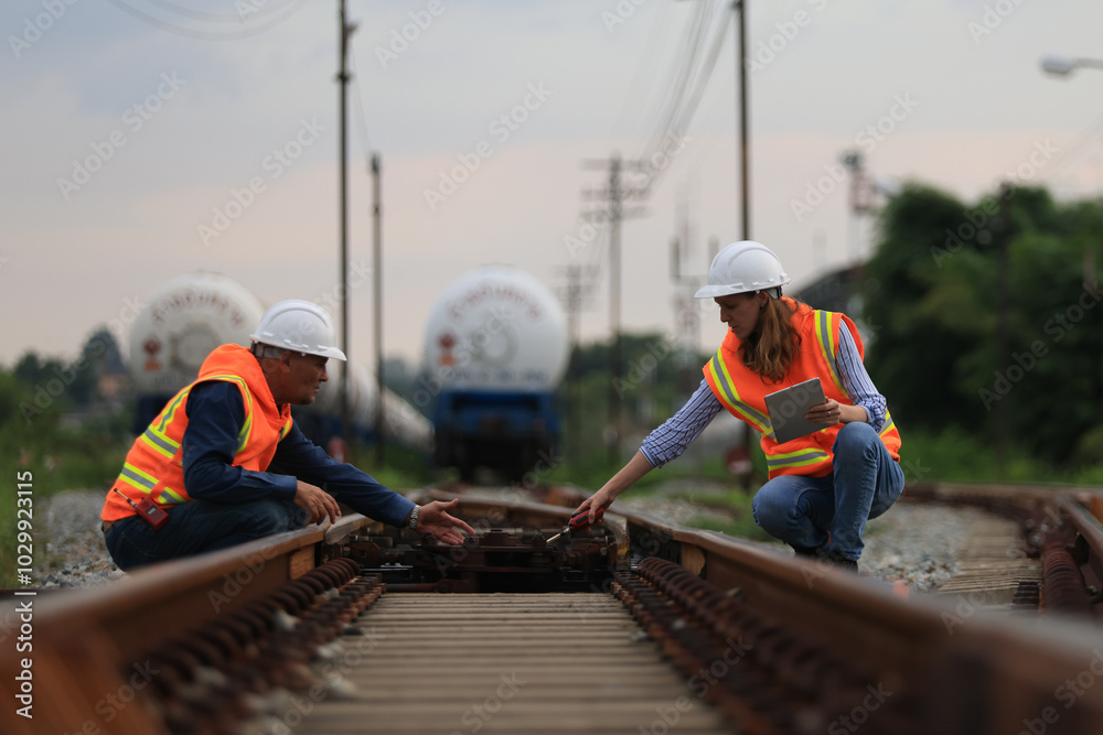 Senior male and female railway engineers are inspecting the railroad tracks for maintenance and improvements to ensure safe transportation of goods. Senior male and female railway engineers are inspecting the railroad tracks for maintenance and improvements to ensure safe transportation of goods.