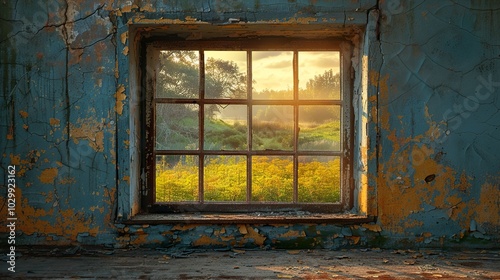 Sunlit View Through a Window in an Abandoned Building