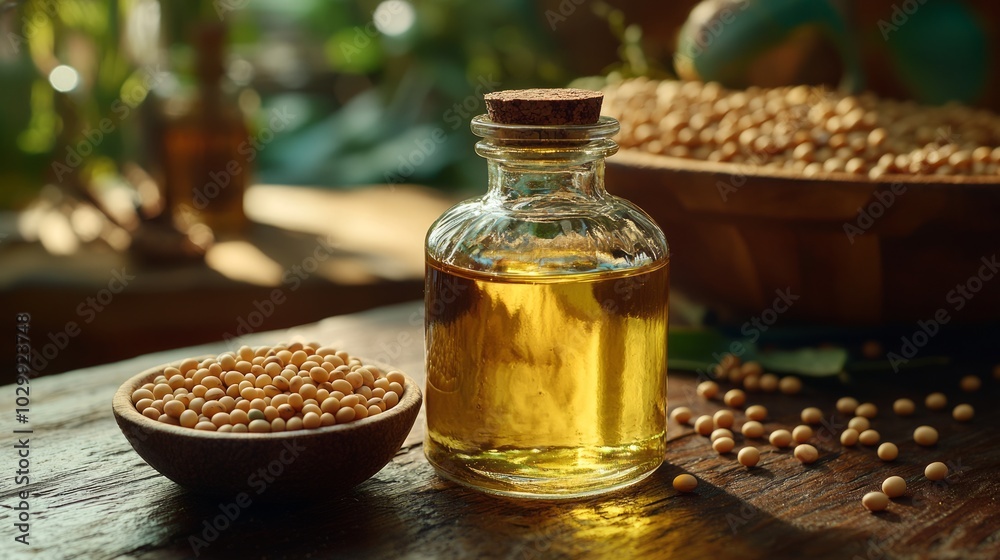 Soybean oil in a glass bottle with soybeans on a wooden table in a rustic setting Soybean oil in a glass bottle with soybeans on a wooden table in a rustic setting