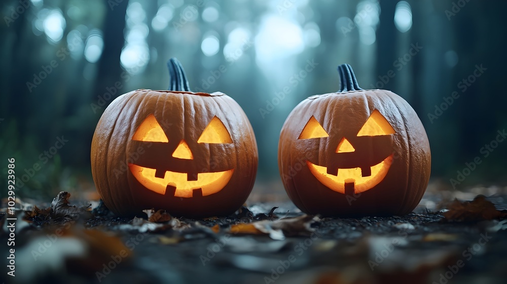 Fototapeta premium Spooky Halloween scene with carved pumpkins and haunted house decor creating a festive yet eerie atmosphere with a complementary color scheme and technology inspired tone