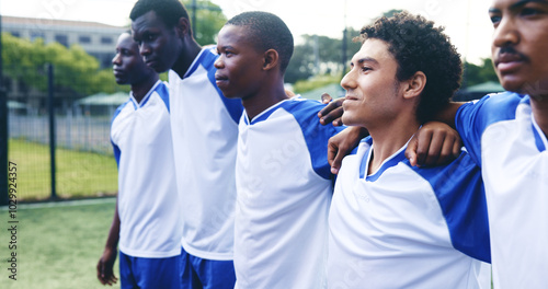 Φωτογραφία Soccer team, men and listening to national anthem for match, game and competition