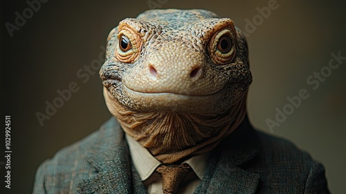 A komodo dragon is shown in an elegant suit with a nice tie, exuding a human-like charisma in its fashion portrait.